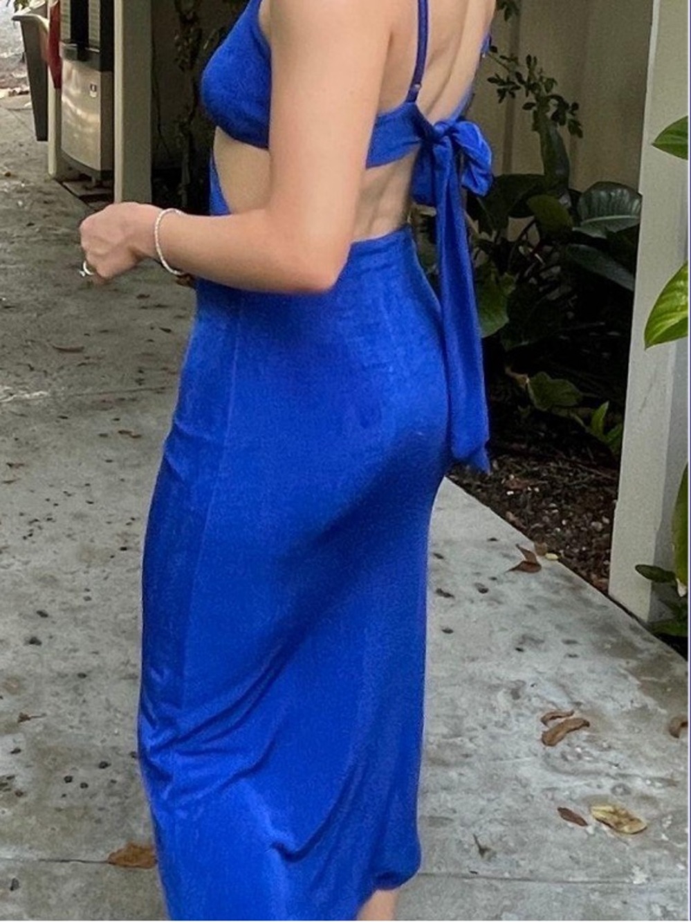 Blue Satin Tie-Back Midi Dress
